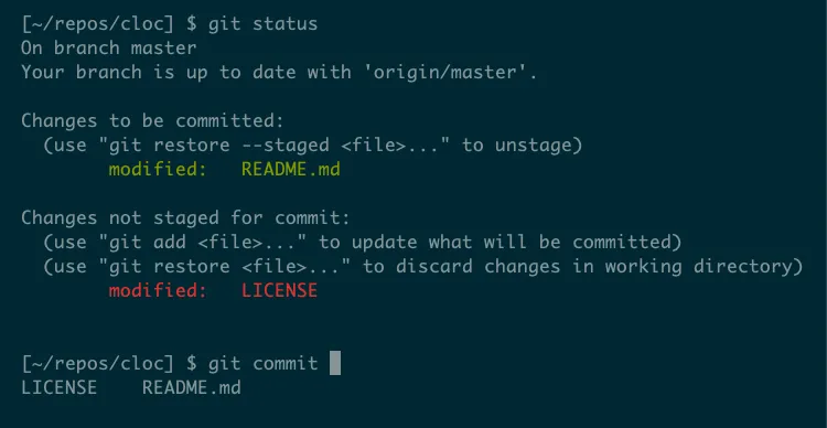 Tính năng tự động hoàn thành từ lệnh git commit hiển thị hai tệp đã sửa đổi sẵn sàng cho commit.