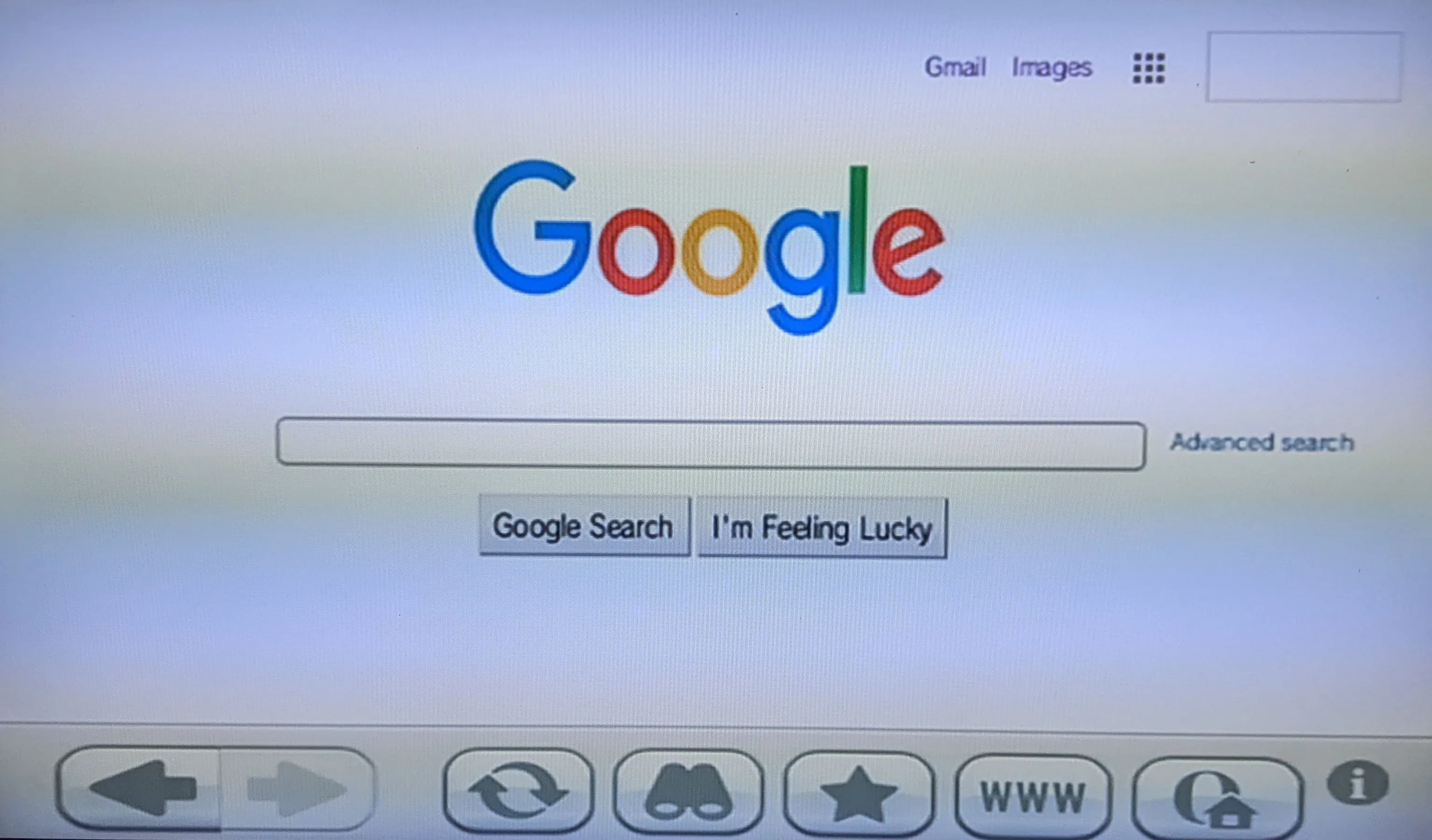 Trang chủ Google hiển thị trên trình duyệt web của Nintendo Wii, cho thấy khả năng truy cập ban đầu