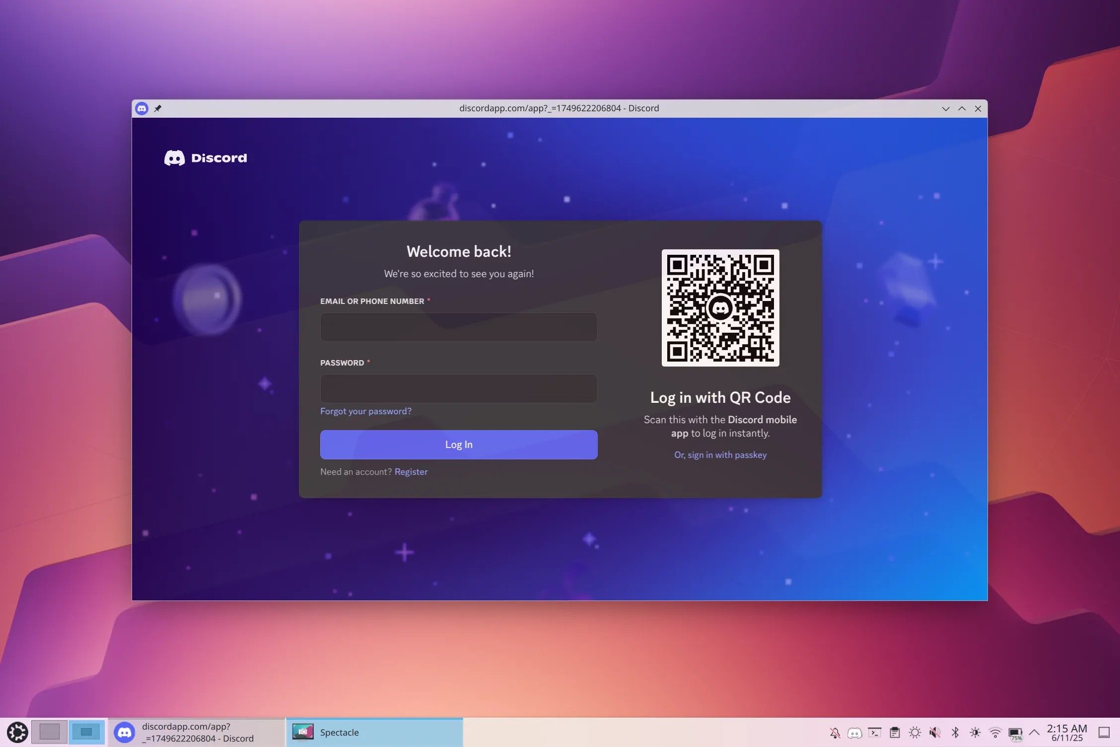 Trang đăng nhập Discord hiển thị trên hệ điều hành Kubuntu, minh họa ứng dụng giao tiếp cho người dùng Linux