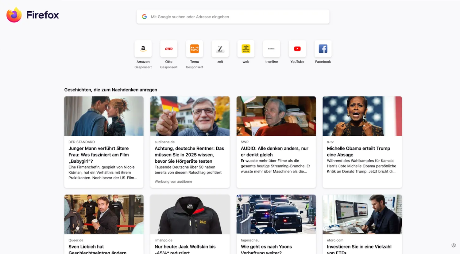 Trang tab mới Firefox 135 với các tin tức đề xuất và thanh tìm kiếm dễ dùng.