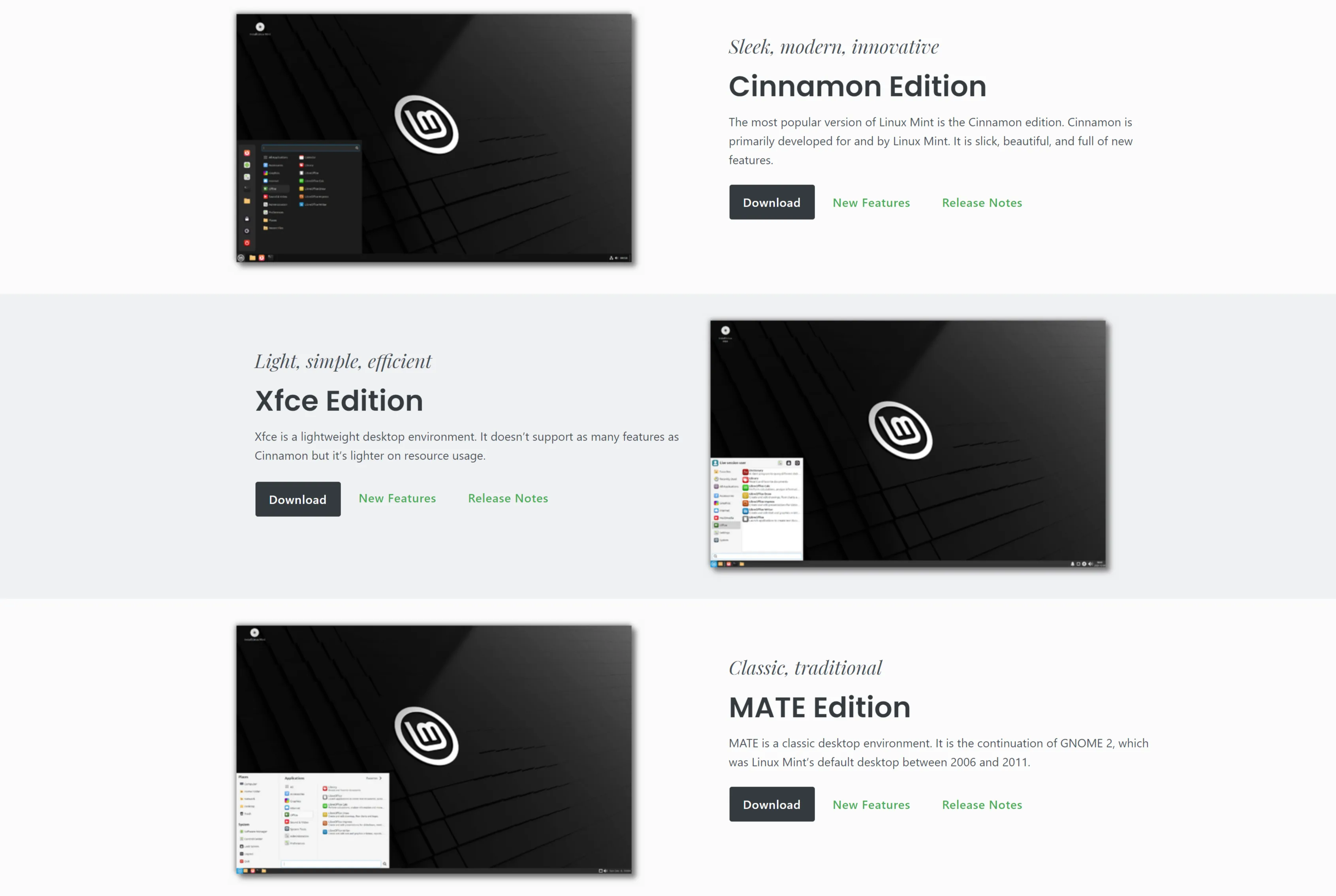Trang tải về Linux Mint hiển thị các phiên bản Cinnamon, MATE và Xfce