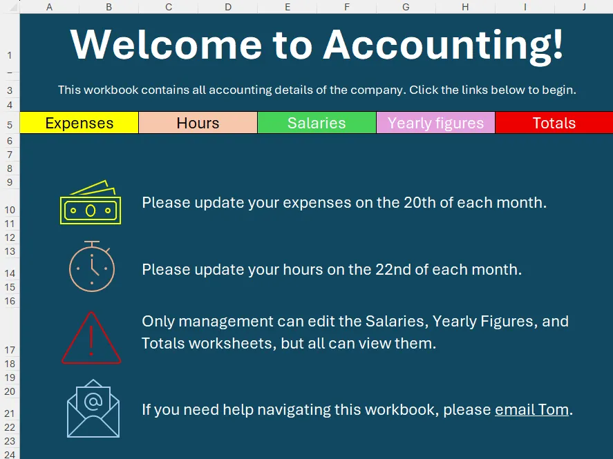 Trang tính trang chủ mẫu trong Excel với tiêu đề chào mừng và các liên kết điều hướng.