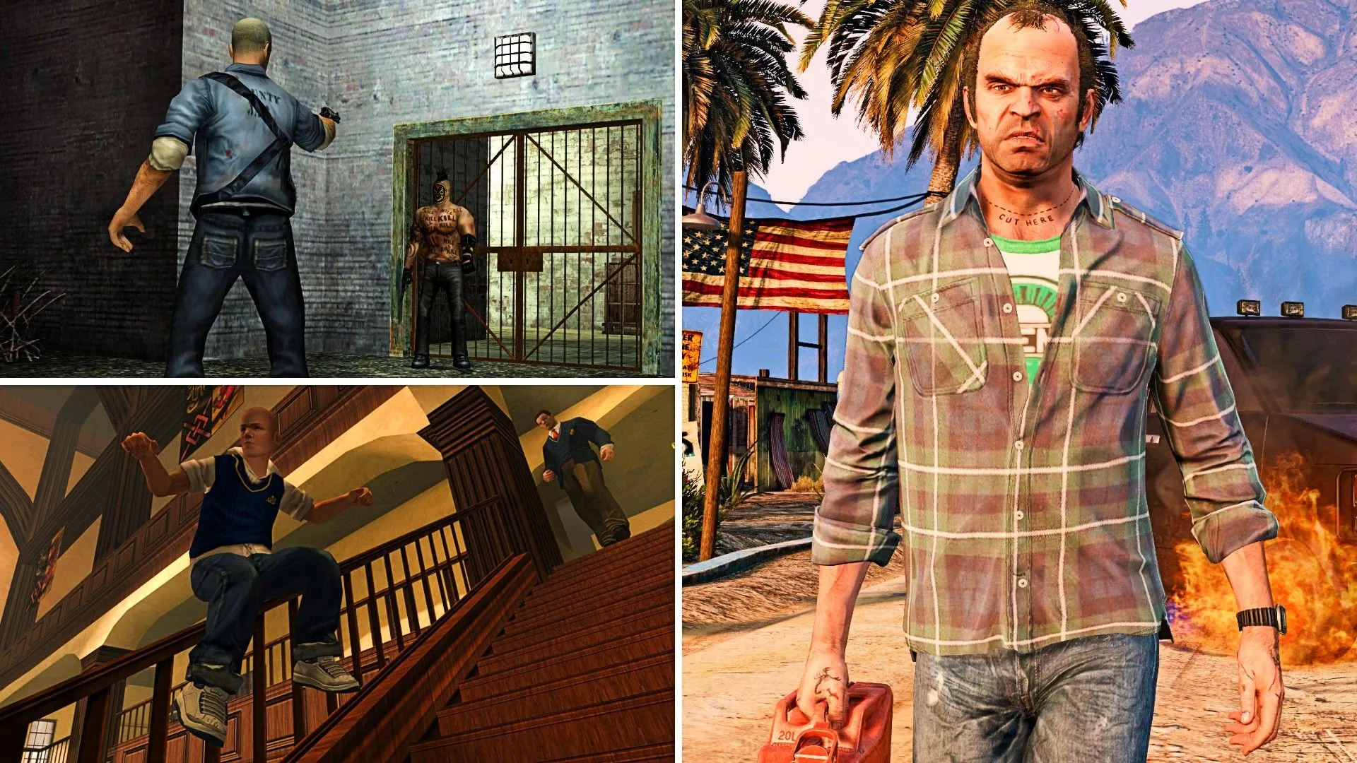 Trevor từ Grand Theft Auto V cầm bình xăng, Jimmy từ Bully trượt xuống tay vịn, và nhân vật chính từ Manhunt nhắm súng vào kẻ thù, minh họa sự liên kết vũ trụ Rockstar.