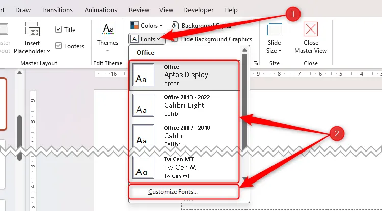 Trình chọn phông chữ Slide Master trong PowerPoint, với các kiểu mặc định và tùy chọn Customize Fonts.