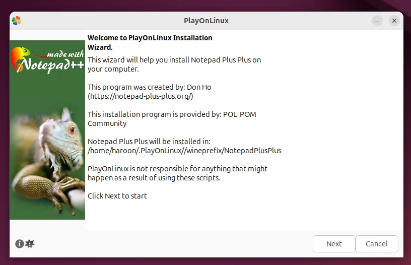 Trình hướng dẫn cài đặt Notepad++ của PlayOnLinux đang hoạt động, yêu cầu người dùng tiếp tục