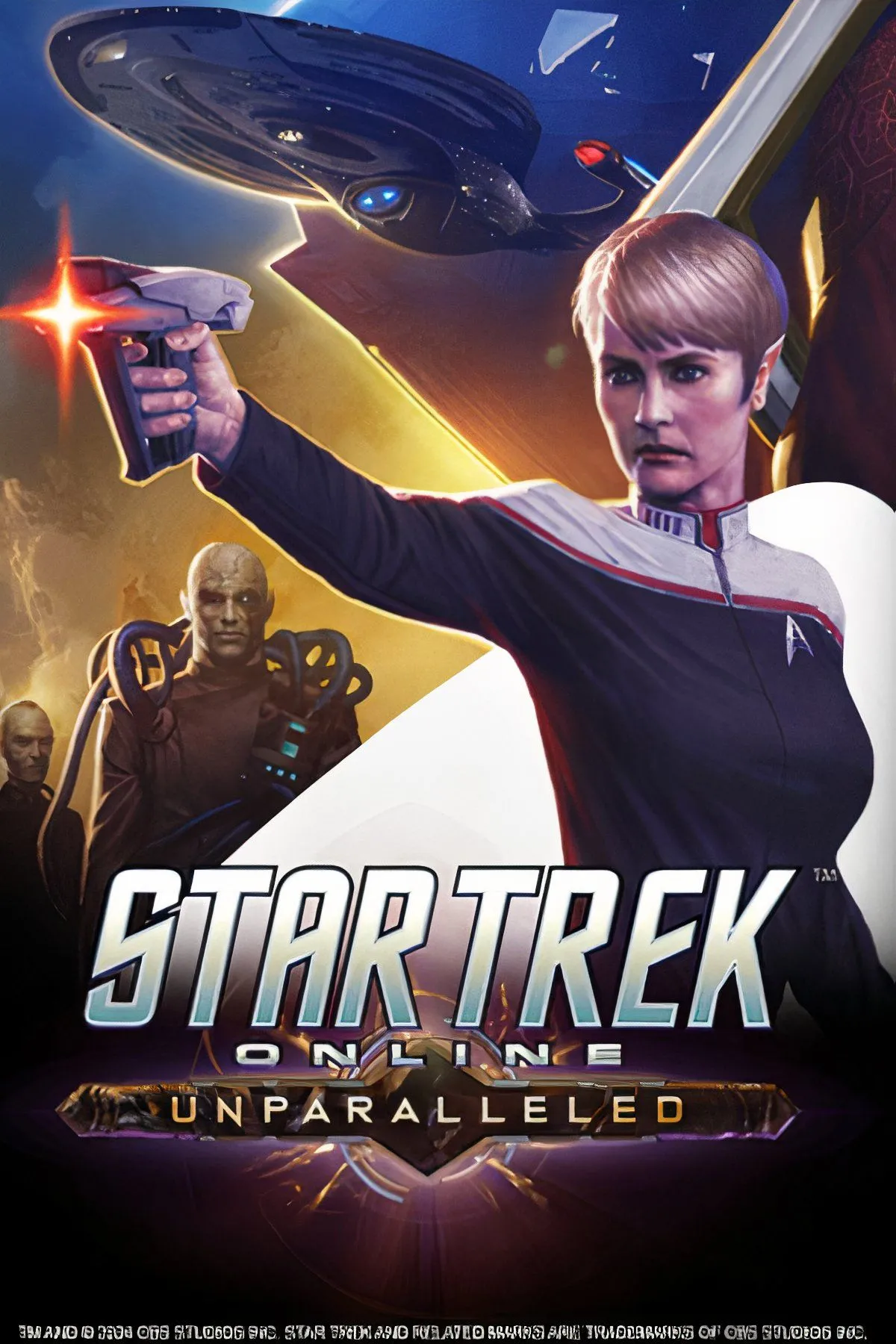 Trò chơi Star Trek Online với hình ảnh tàu vũ trụ và nhân vật đang chiến đấu trên một hành tinh