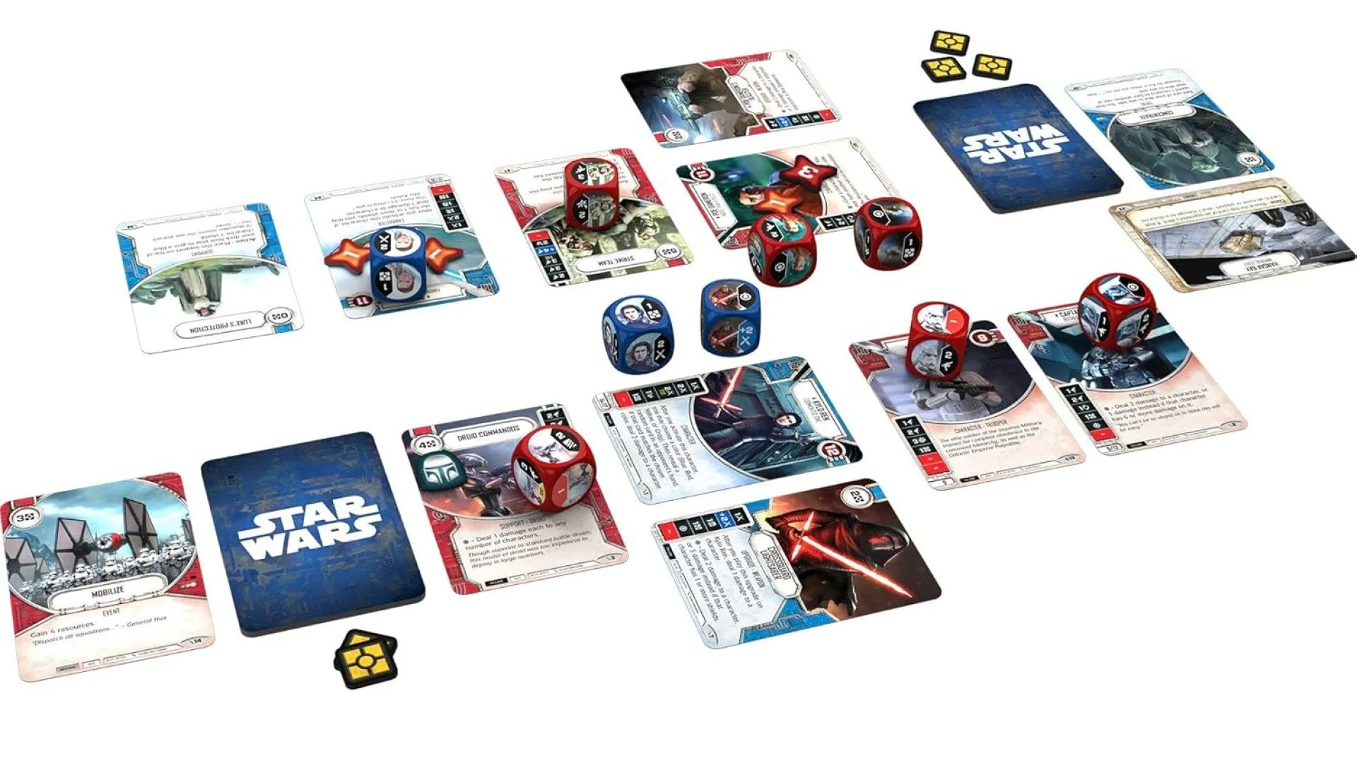 Trò chơi Star Wars Destiny với các quân xúc xắc và thẻ bài trên bàn.