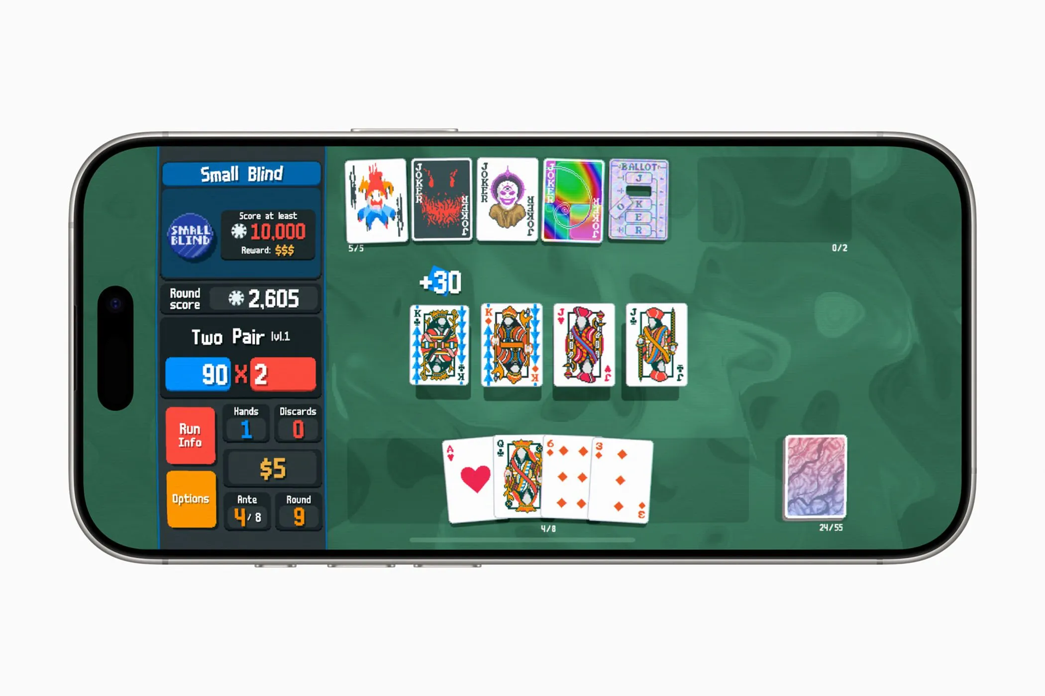 Trò chơi thẻ bài Balatro đang chạy trên iPhone, minh họa cho sức hút của Apple Arcade