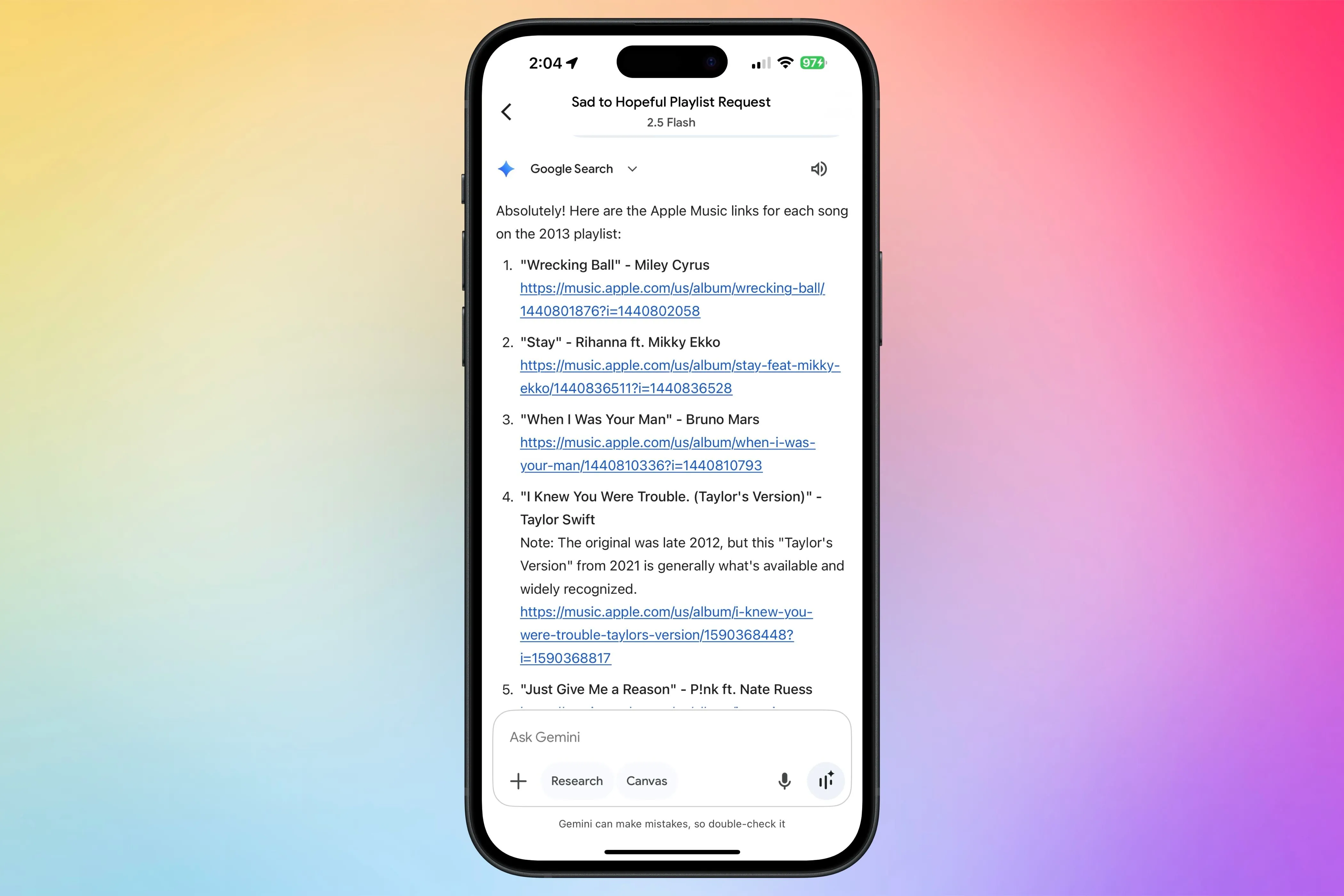 Trợ lý AI Google Gemini tạo danh sách phát và cung cấp liên kết trực tiếp đến các bài hát trên Apple Music.