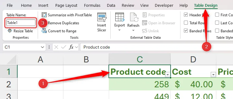 Trường Table Name trong tab Table Design của Excel cho phép người dùng đặt tên mới cho bảng