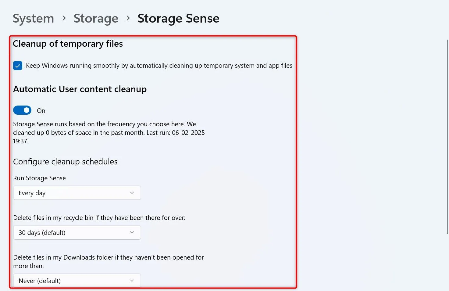 Tùy chỉnh các tùy chọn dọn dẹp tự động của Storage Sense trên Windows 11, bao gồm tần suất và loại file được xóa.