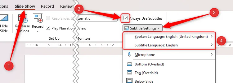 Tùy chọn 'Always Use Subtitles' được chọn trong Microsoft PowerPoint, với các lựa chọn ngôn ngữ nói và phụ đề được đặt là English, sẵn sàng cho thuyết trình đa ngôn ngữ.
