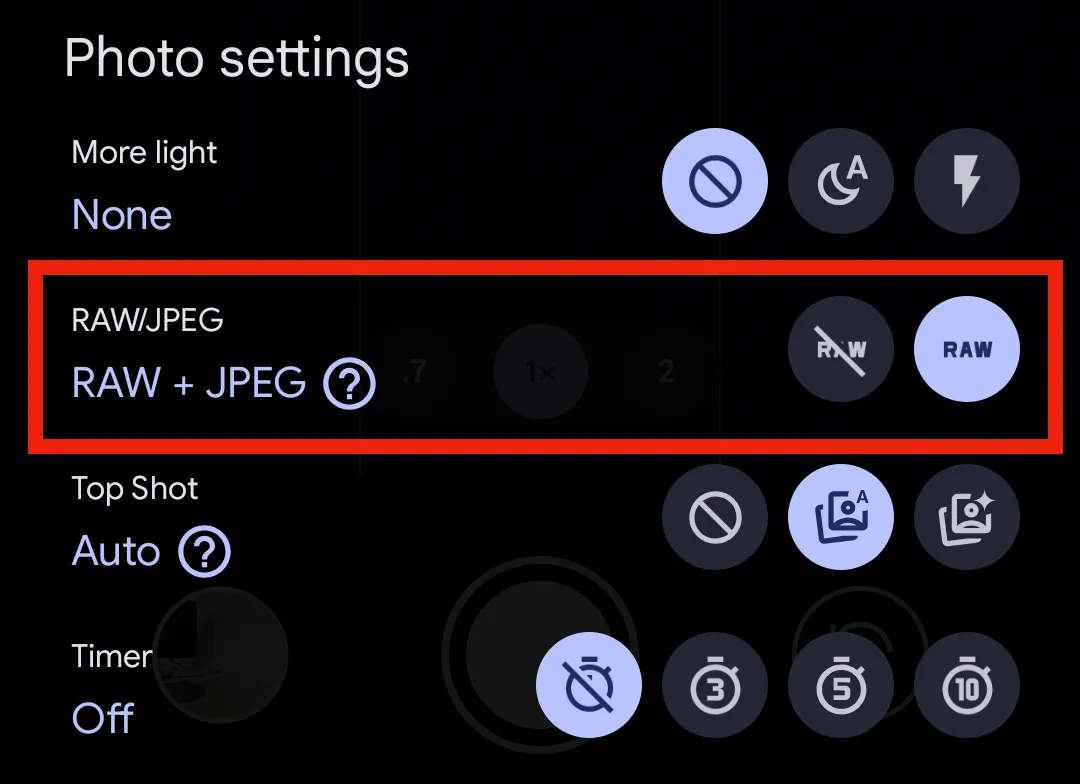 Tùy chọn bật chế độ chụp ảnh RAW/JPEG trong cài đặt nâng cao của Pixel Camera.