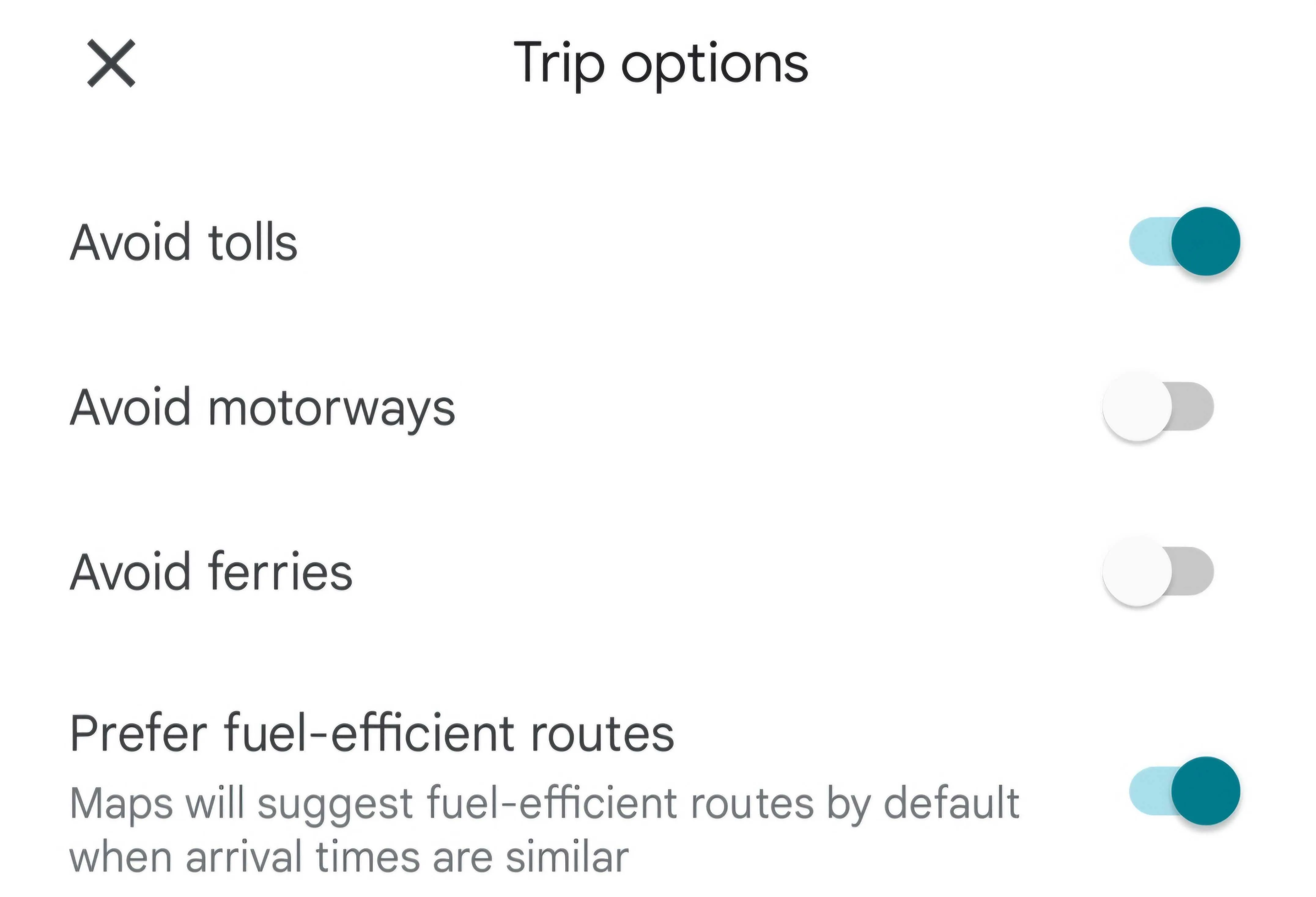 Tùy chọn bộ lọc trên Google Maps được bật để tránh đường có thu phí và ưu tiên tìm tuyến đường tiết kiệm nhiên liệu, giúp tối ưu chi phí di chuyển.