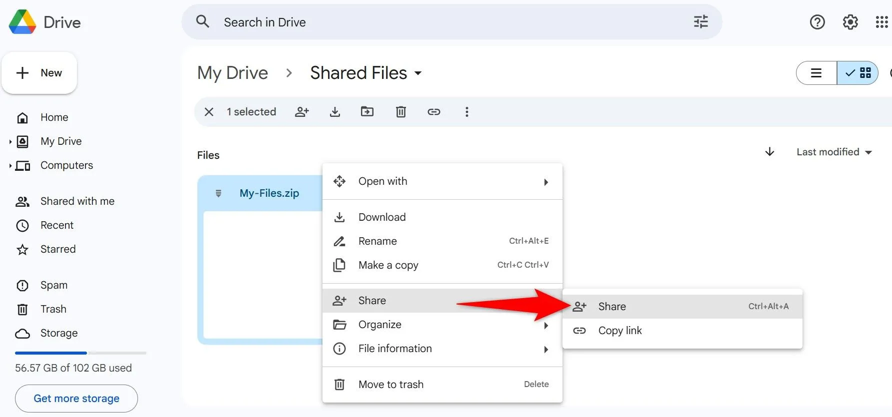 Tùy chọn &quot;Chia sẻ &gt; Chia sẻ&quot; được đánh dấu cho một tệp trên Google Drive.