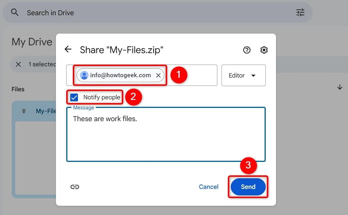 Tùy chọn chia sẻ tệp với người cụ thể trên Google Drive, bao gồm trường nhập địa chỉ email.