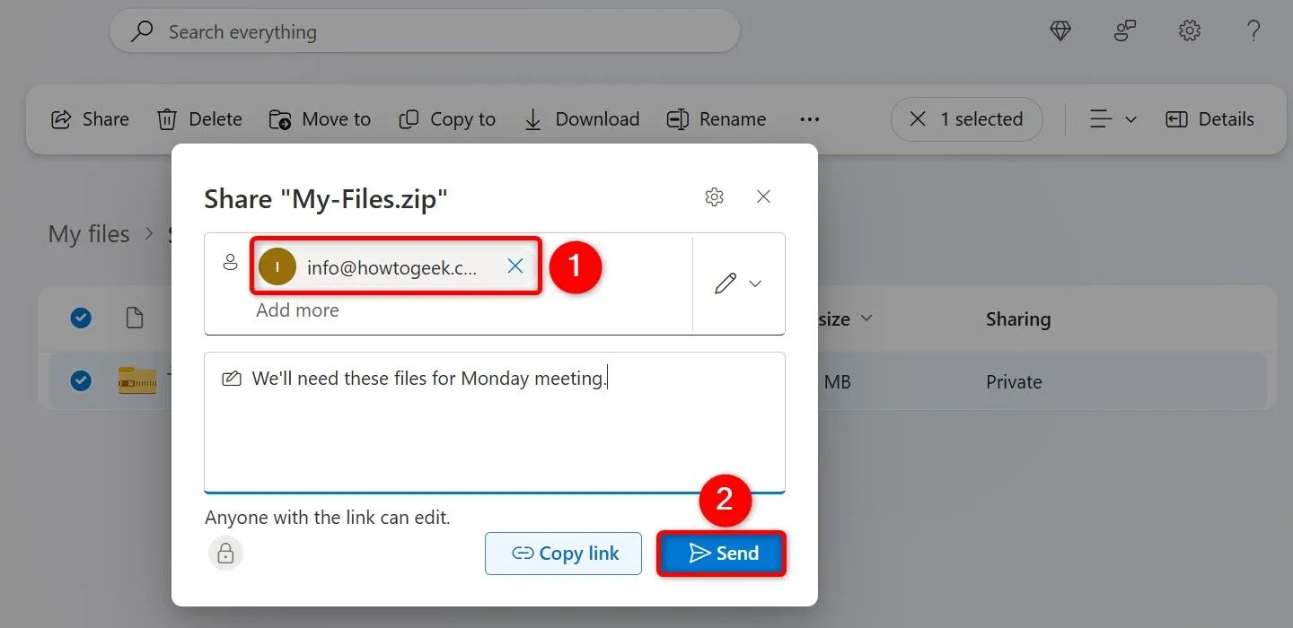 Tùy chọn chia sẻ tệp với người cụ thể trên OneDrive, kèm theo trường nhập tên, nhóm hoặc email.