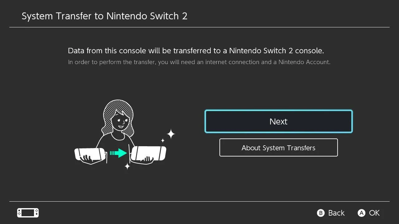 Tùy chọn chuyển dữ liệu từ Nintendo Switch cũ sang Switch 2 trong cài đặt hệ thống.