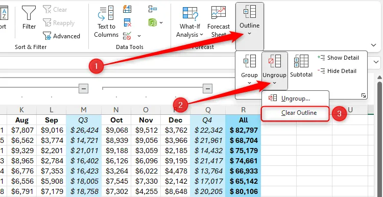 Tùy chọn &quot;Clear Outline&quot; (Xóa Dàn ý) để xóa tất cả các nhóm cột và hàng trong Excel.