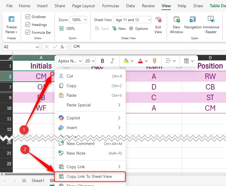 Tùy chọn &quot;Copy Link To Sheet View&quot; (Sao chép liên kết đến chế độ xem trang tính) trong menu chuột phải của một ô trong Excel Online, tính năng hữu ích để chia sẻ nhanh chóng các chế độ xem trang tính.