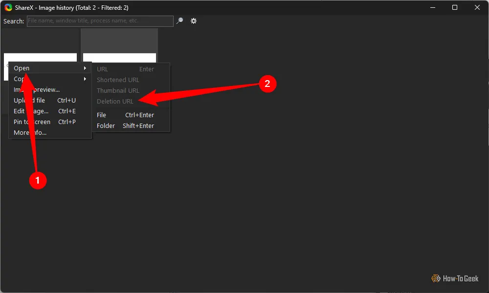 Tùy chọn &quot;Deletion URL&quot; để xóa ảnh đã tải lên từ lịch sử của ShareX