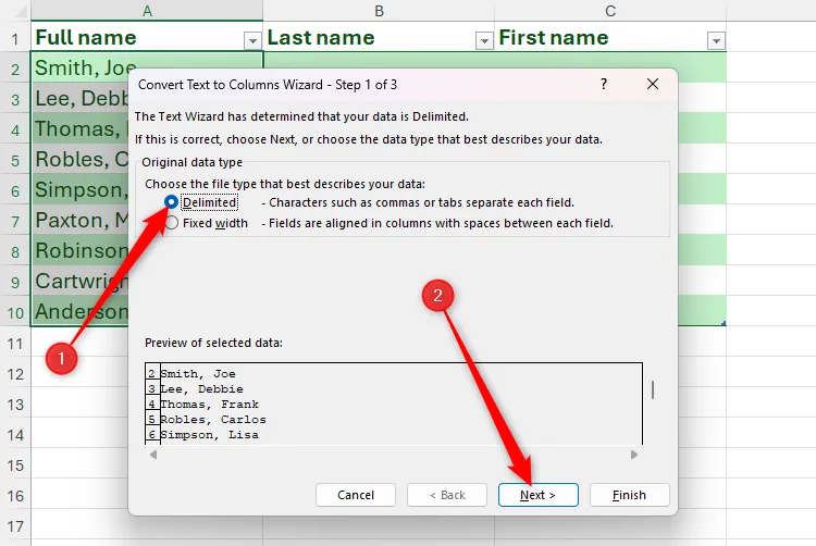 Tùy chọn &quot;Delimited&quot; được chọn trong hộp thoại Convert Text to Columns Wizard của Excel.