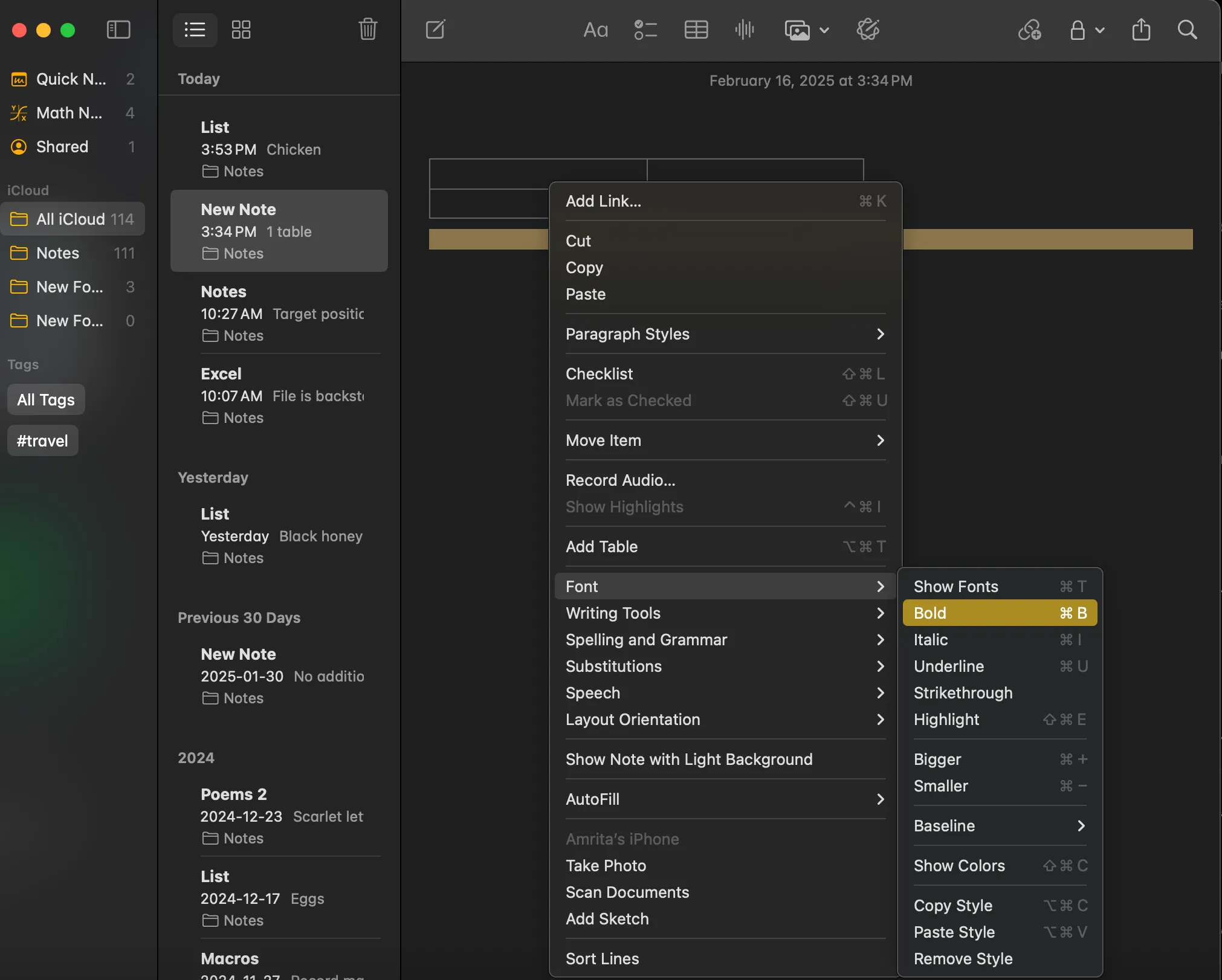 Tùy chọn định dạng văn bản nâng cao trong Apple Notes, truy cập qua menu ngữ cảnh.