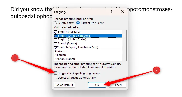 Tùy chọn Do Not Check Spelling Or Grammar được bỏ chọn trong hộp thoại Language của Microsoft Word.