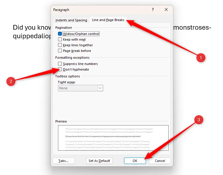 Tùy chọn Don't Hyphenate được bỏ chọn trong hộp thoại Paragraph của Microsoft Word.