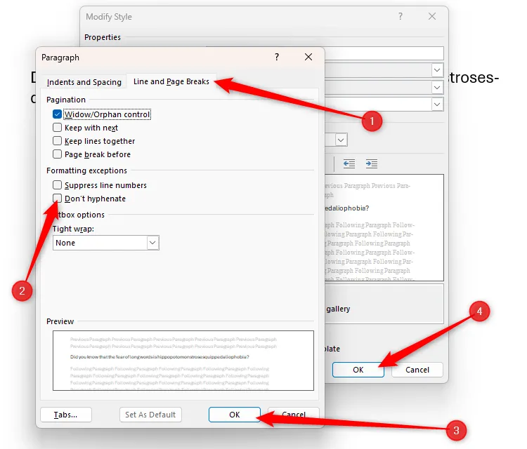 Tùy chọn Don't Hyphenate được bỏ chọn trong hộp thoại Style Paragraph của Microsoft Word.