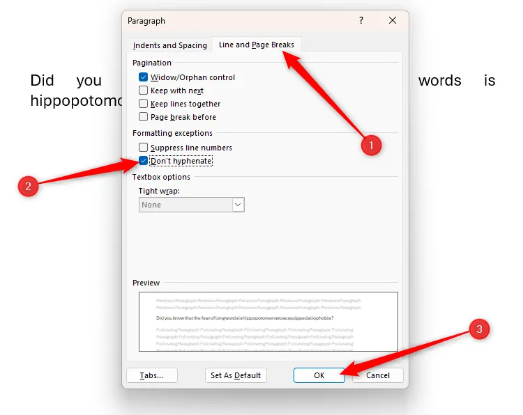 Tùy chọn Don't Hyphenate được chọn trong hộp thoại Paragraph của Microsoft Word.