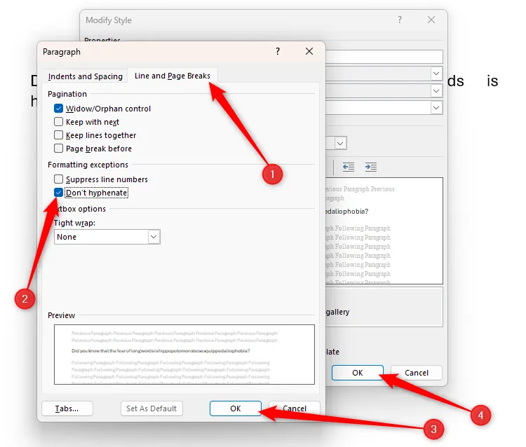 Tùy chọn Don't Hyphenate được chọn trong hộp thoại Style Paragraph của Microsoft Word.