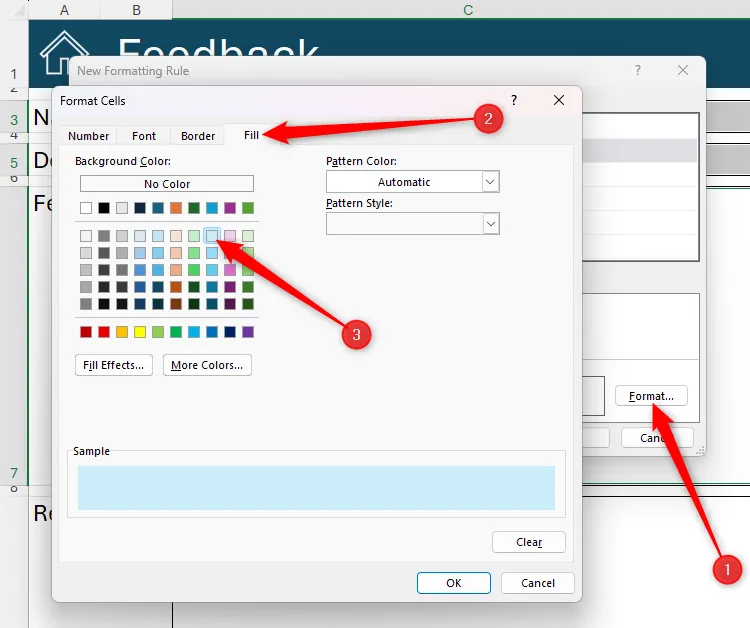 Tùy chọn &quot;Format&quot; được chọn trong hộp thoại &quot;New Formatting Rule&quot; của Excel, và một màu xanh nhạt được chọn làm màu nền trong hộp thoại Format Cells.