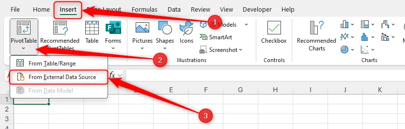 Tùy chọn 'From External Data Source' trong menu thả xuống PivotTable của tab Insert trên Excel, cho phép nhập dữ liệu từ nguồn bên ngoài.