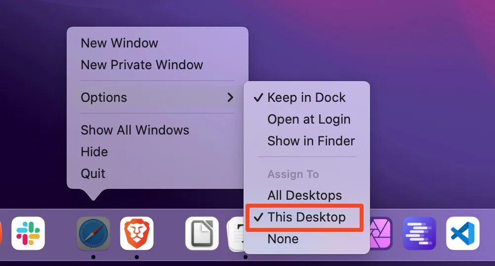 Tùy chọn gán một ứng dụng mở vào một không gian màn hình ảo (Space) cụ thể trên macOS, giúp tự động hóa quy trình làm việc và giữ không gian làm việc luôn gọn gàng.