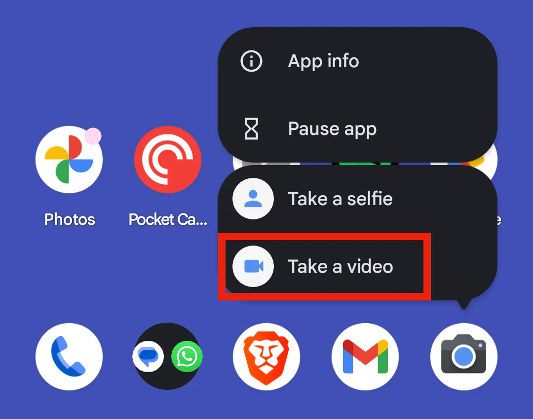 Tùy chọn &quot;Ghi video&quot; từ menu ứng dụng camera Pixel khi nhấn giữ biểu tượng.