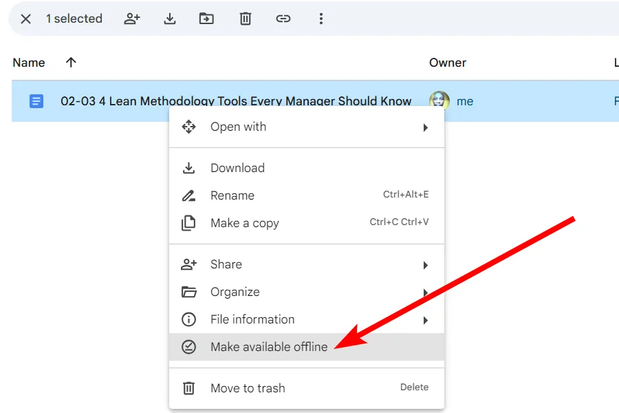 Tùy chọn &quot;Giúp truy cập ngoại tuyến&quot; khi chuột phải vào tệp Google Drive.