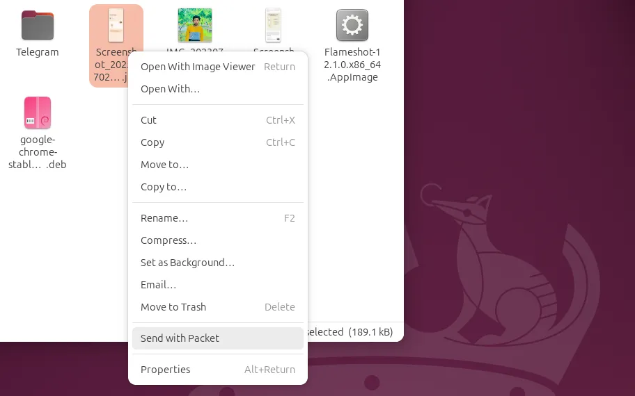 Tùy chọn &quot;Gửi bằng Packet&quot; hiển thị trong menu chuột phải của trình quản lý tệp Nautilus trên Linux, cho phép chia sẻ file nhanh chóng.