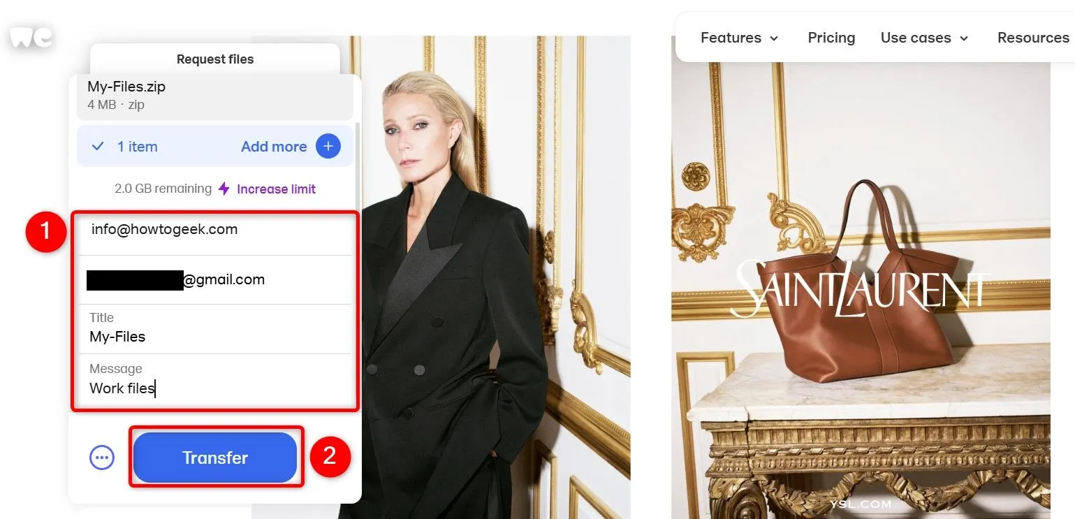 Tùy chọn gửi file qua email nổi bật trên WeTransfer, cho phép điền thông tin người nhận.