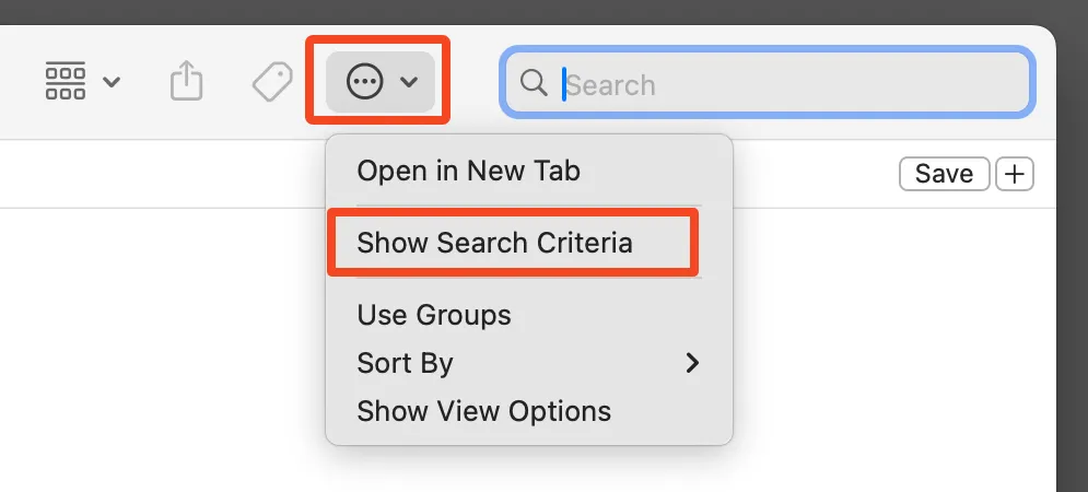 Tùy chọn &quot;Hiển thị tiêu chí tìm kiếm&quot; để chỉnh sửa quy tắc của Smart Folder trên Finder macOS.
