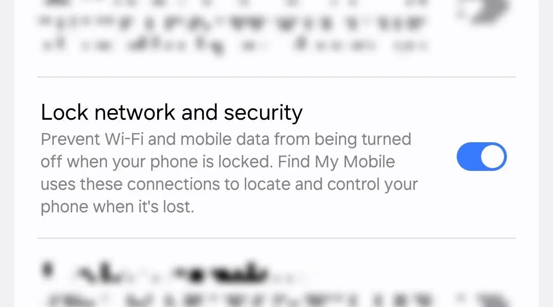 Tùy chọn Khóa mạng và bảo mật trong cài đặt Khóa bảo mật trên điện thoại Samsung Galaxy.