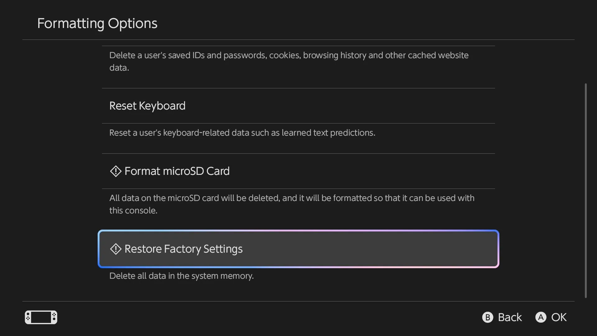 Tùy chọn khôi phục cài đặt gốc (Restore Factory Settings) trong phần cài đặt của Nintendo Switch 2.