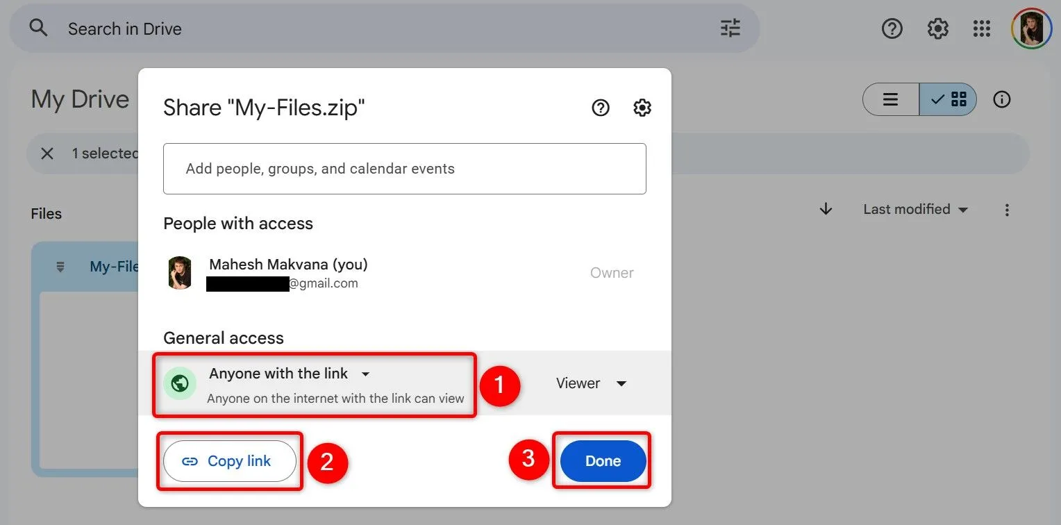 Tùy chọn lấy liên kết chia sẻ tệp trên Google Drive, cho phép truy cập công khai.