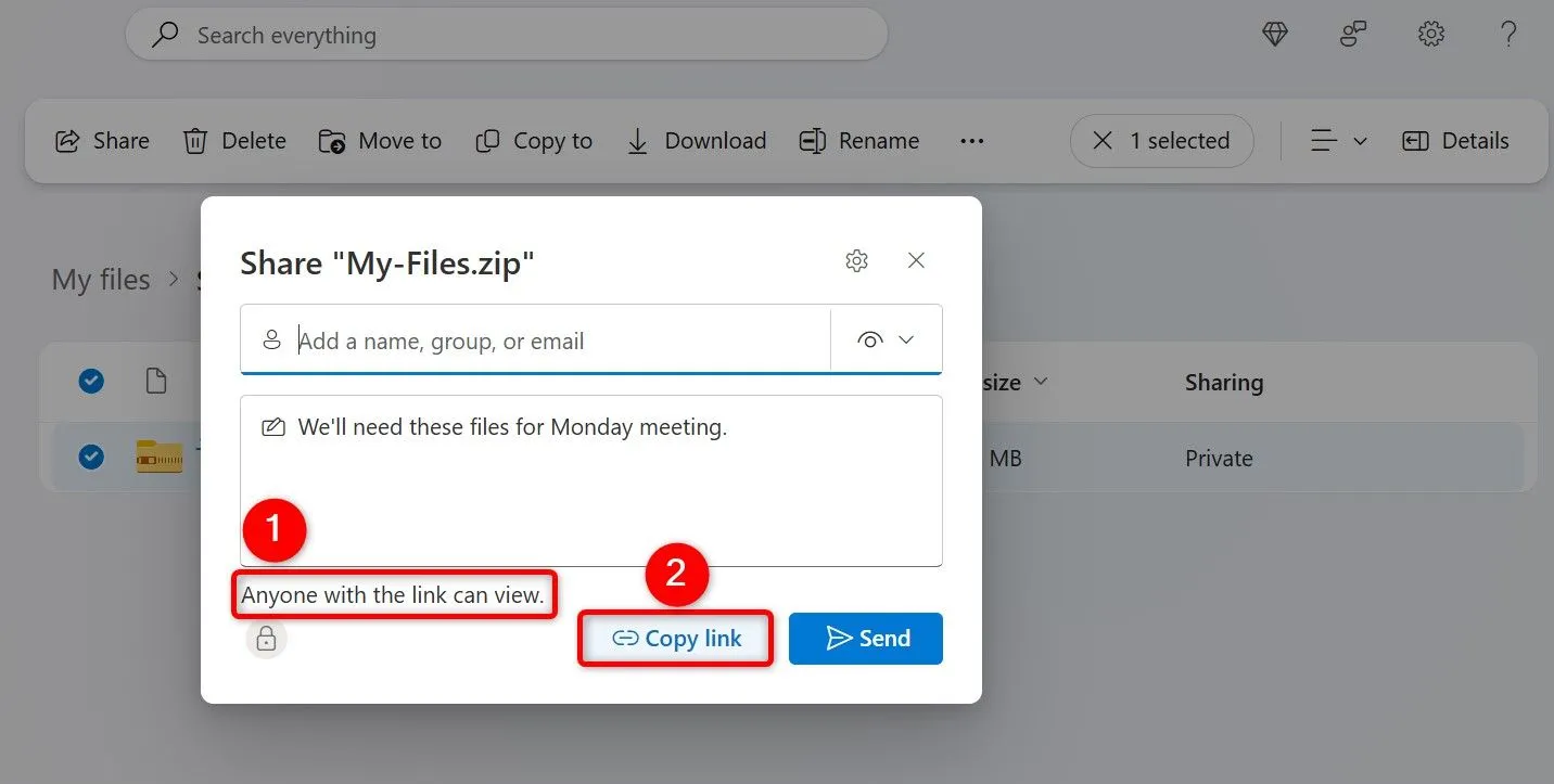 Tùy chọn lấy liên kết chia sẻ tệp trên OneDrive, cho phép điều chỉnh quyền chỉnh sửa hoặc chỉ xem.
