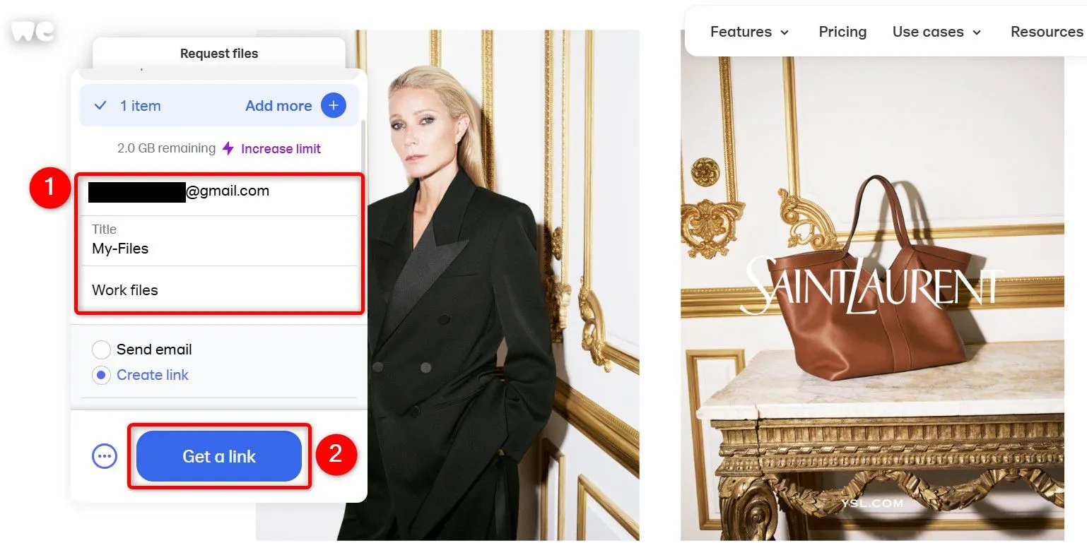 Tùy chọn lấy liên kết tải xuống file trên WeTransfer, kèm theo các trường nhập thông tin người gửi.