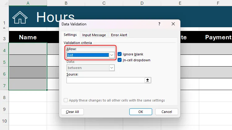 Tùy chọn &quot;List&quot; được chọn trong trường &quot;Allow&quot; của hộp thoại &quot;Data Validation&quot; trong Excel, cho phép tạo danh sách thả xuống.