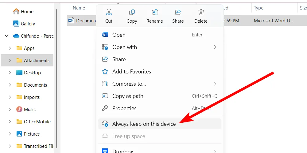 Tùy chọn "Luôn giữ trên thiết bị này" để đồng bộ tệp OneDrive ngoại tuyến trên Windows.