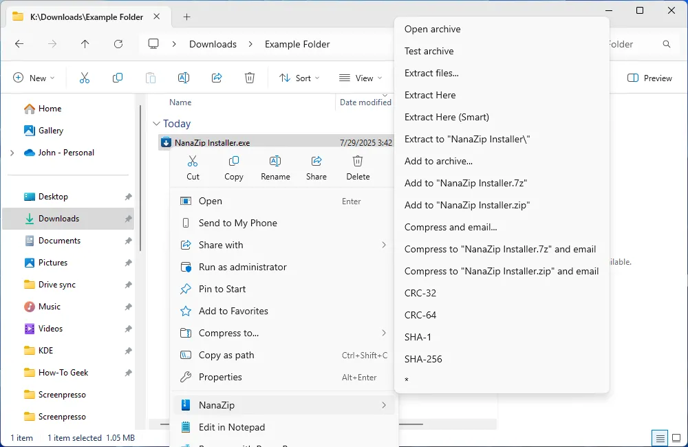 Tùy chọn NanaZip tích hợp trong menu chuột phải Windows 11 sau khi cài đặt
