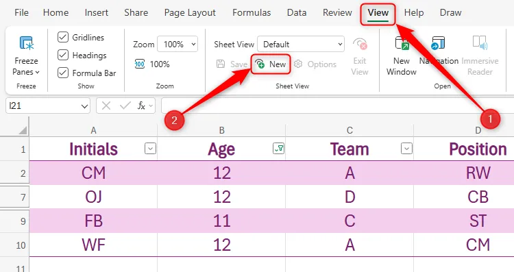 Tùy chọn &quot;New Sheet View&quot; (Tạo chế độ xem trang tính mới) trong tab &quot;View&quot; trên ribbon của Excel Online, cho phép chia sẻ chế độ xem trang tính tùy chỉnh.