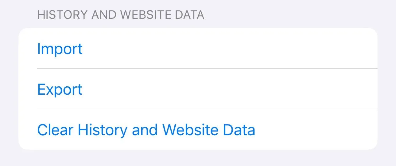 Tùy chọn nhập và xuất cho ứng dụng Safari trên iPhone.